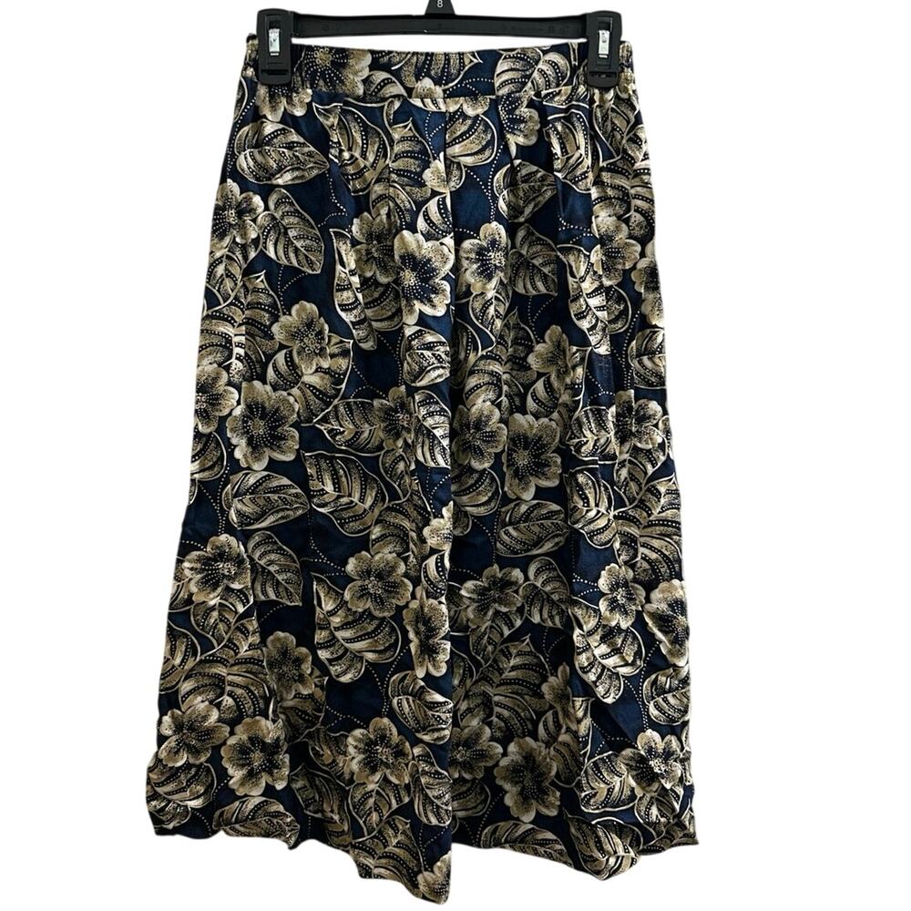 Vintage 80s 90s Panther Navy Crem Floral Batik Pleated Midi Skirt 6P 8P MP